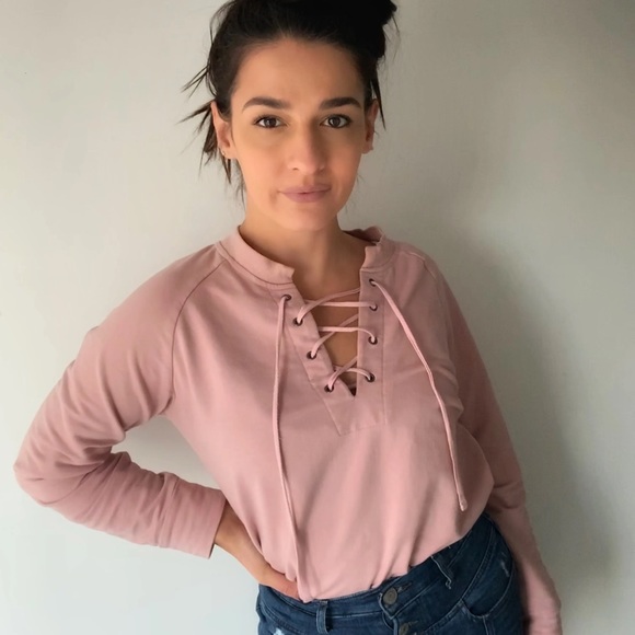 Lace up front detail terry cottonsweatshirt| Blush - Picture 3 of 10